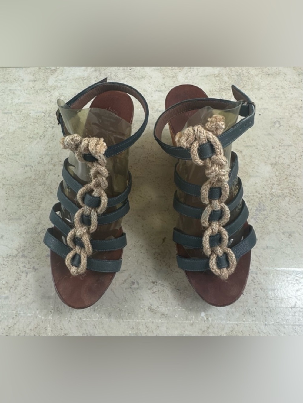 Henry Cuir Braided Chain Strappy Heels - Green and Natural